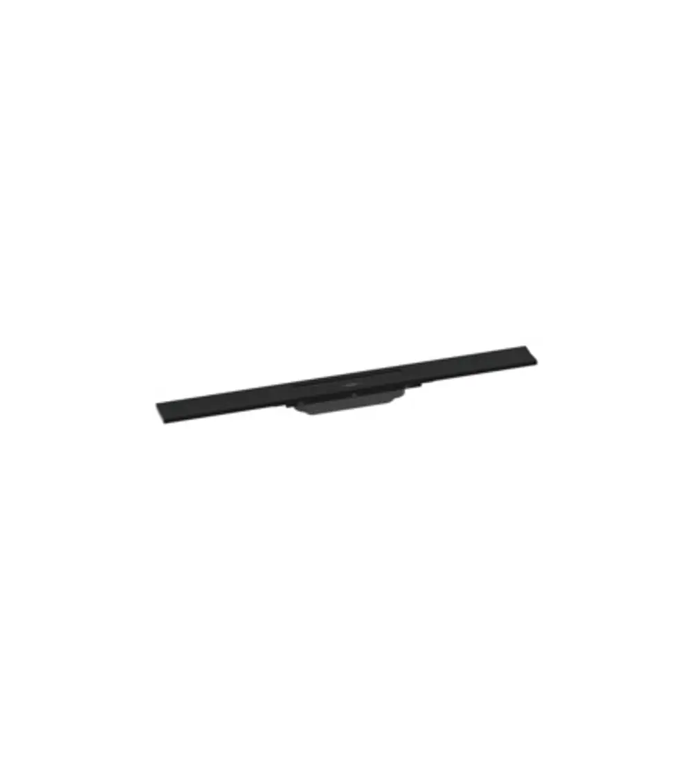 Schwarze Duschrinne von Hansgrohe, flaches Design, geeignet für den Einbau in Duschen, mit flexibler Kürzbarkeit.